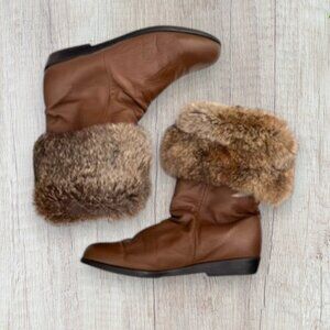 REGENCE Canada Vintage Rabbit Fur Lined Brown Leather Boots Size 7 D Wide